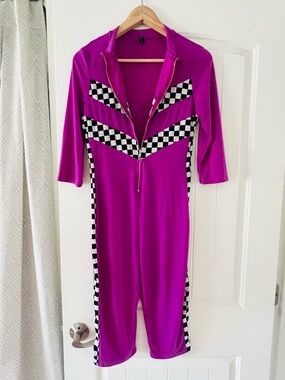 Fuchsia Zip-Front Capri Checkered Jumpsuit Womens Vintage Style Festival Rave L